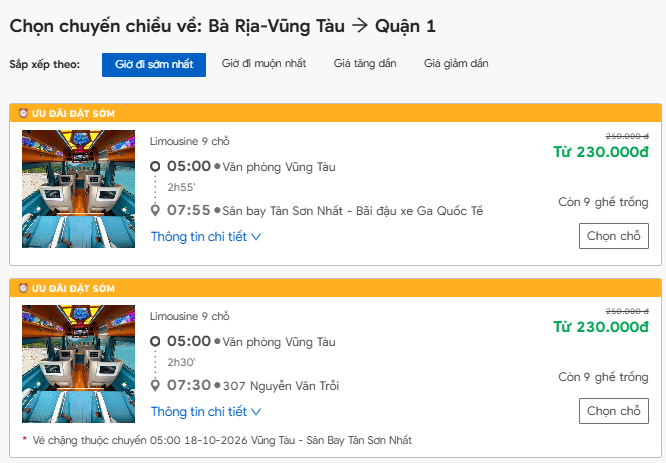 Bước 5: Chọn khung giờ và chọn chỗ lượt về (nếu đặt khứ hồi)
